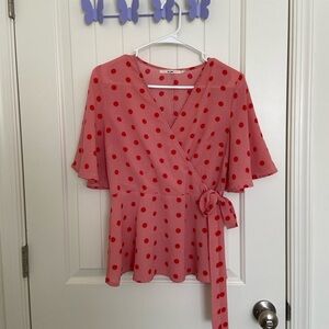 EUC | Mi Ami women’s pink polka dotted overlay‎ tie blouse — medium
